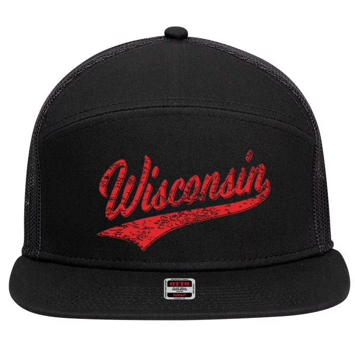 Wisconsin Varsity Script Classic Sports Jersey State Flag 7 Panel Mesh Trucker Snapback Hat