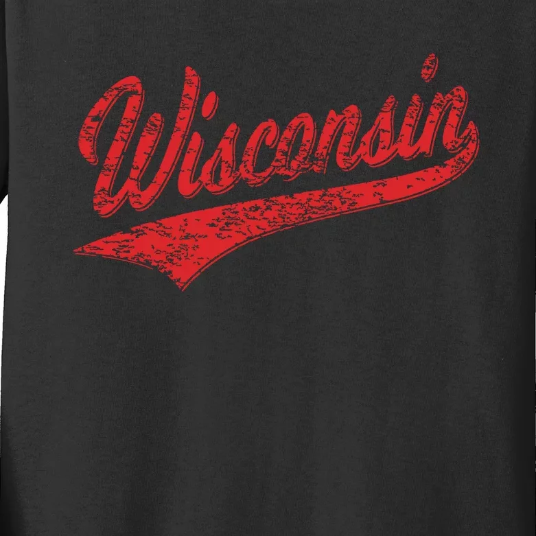 Wisconsin Varsity Script Classic Sports Jersey State Flag Kids Long Sleeve Shirt