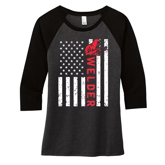 Welder Vintage USA American Flag Welding Women's Tri-Blend 3/4-Sleeve Raglan Shirt