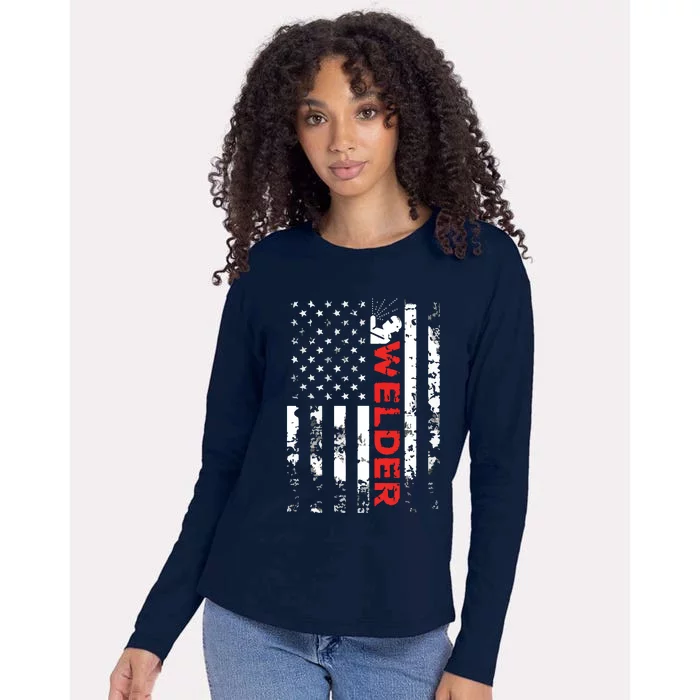 Welder Vintage USA American Flag Welding Womens Cotton Relaxed Long Sleeve T-Shirt