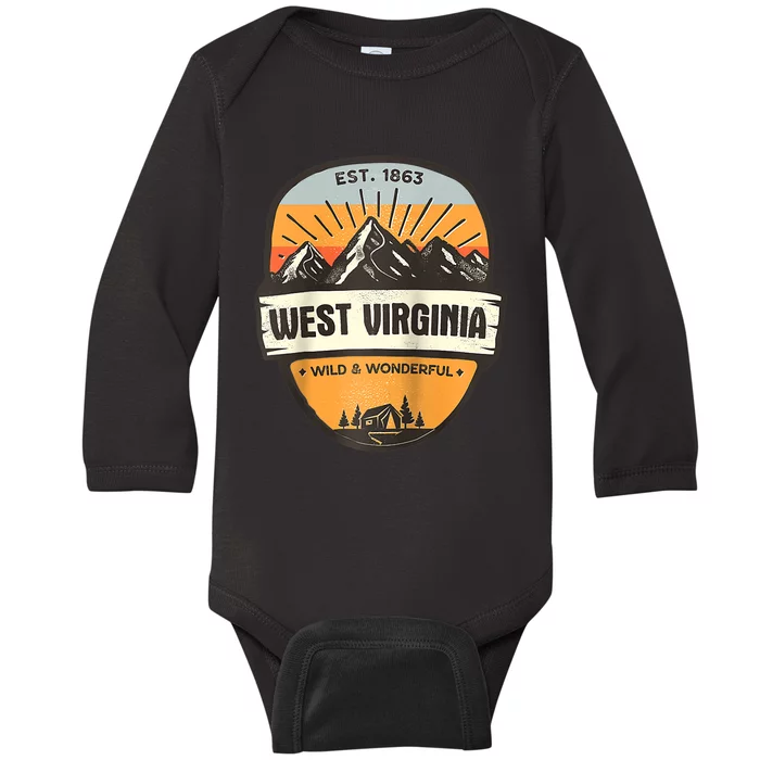 West Virginia Wild And Wonderful Vintage Retro Mountain Baby Long Sleeve Bodysuit