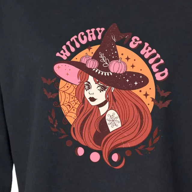 Women Witchy And Wild Halloween Funny Retro Gift Cropped Pullover Crew