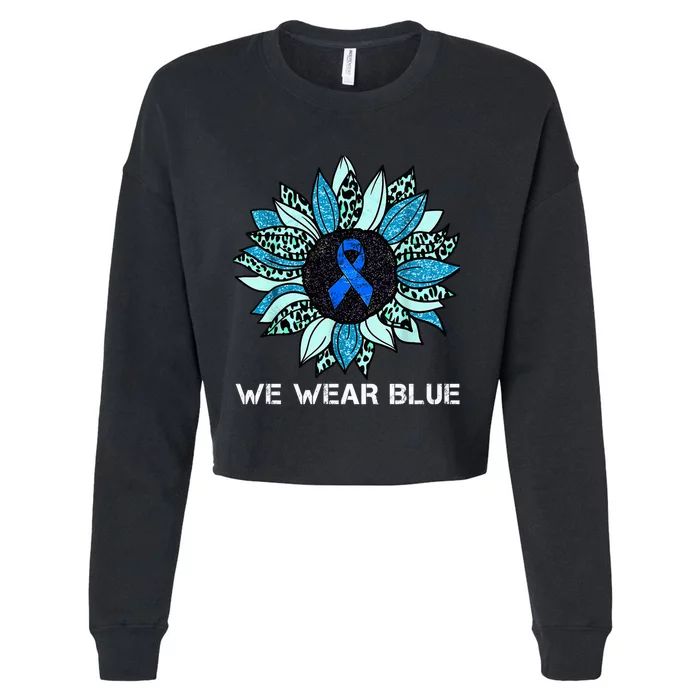 We Wear Blue Colon Cancer Awareness Month Ribbon Sunflower Cropped Pullover Crew