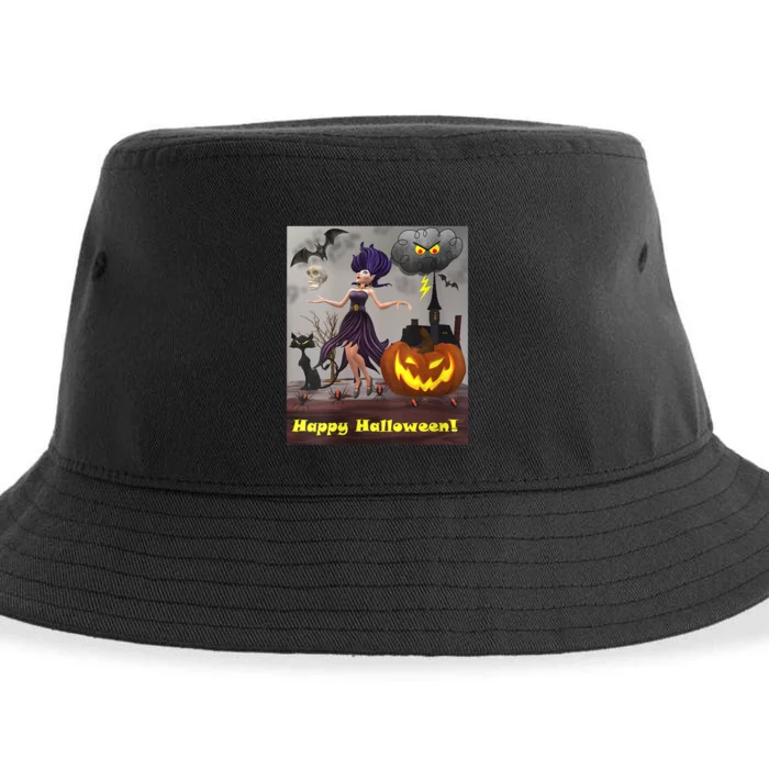 Witch With Black Cat Bats & Pumpkin Halloween Special Sustainable Bucket Hat