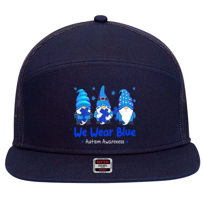 We Wear Blue Autism Awareness Gnome 7 Panel Mesh Trucker Snapback Hat