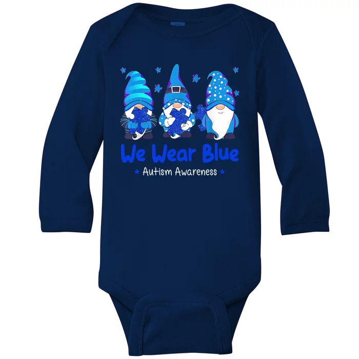 We Wear Blue Autism Awareness Gnome Baby Long Sleeve Bodysuit