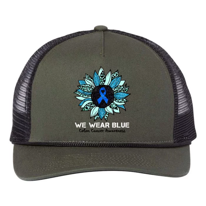 We Wear Blue Colon Cancer Awareness Month Ribbon Sunflower Retro Rope Trucker Hat Cap