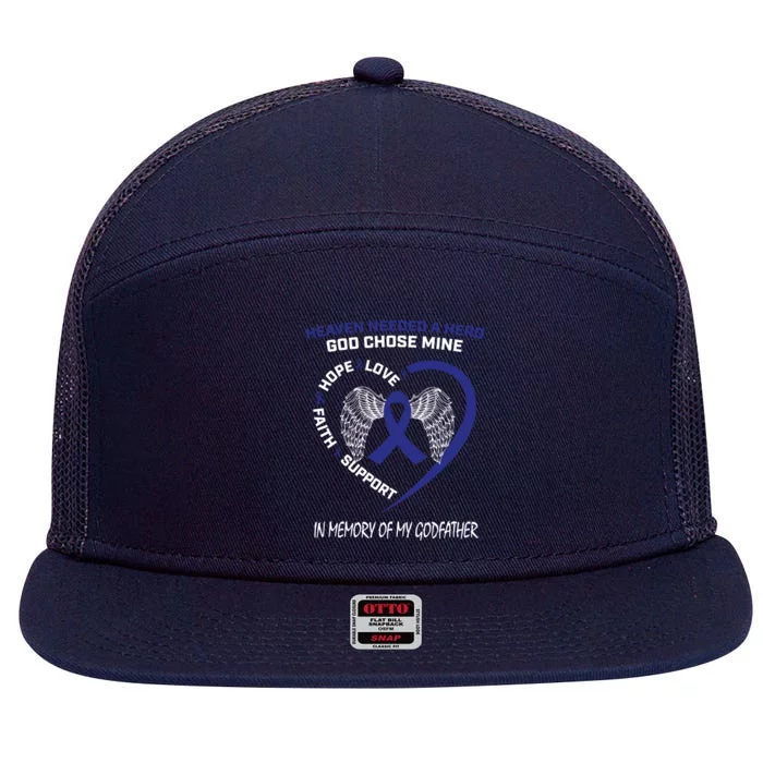 We Wear Blue In Memory Of Godfather Colon Cancer Awareness Cute Gift 7 Panel Mesh Trucker Snapback Hat