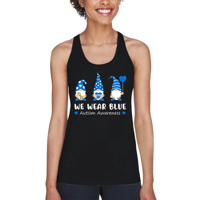 We Wear Blue Autism Awareness Gnomes Puzzle Ribbon Women's Racerback Tank