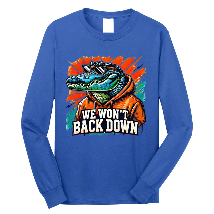 We WonT Back Down Blue And Orange Gator White Long Sleeve Shirt