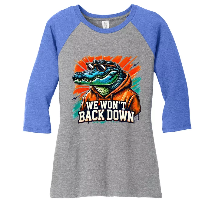 We WonT Back Down Blue And Orange Gator White Women's Tri-Blend 3/4-Sleeve Raglan Shirt