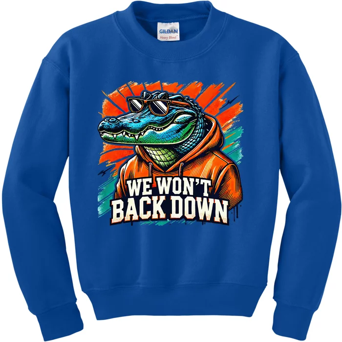 We WonT Back Down Blue And Orange Gator White Kids Sweatshirt