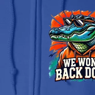 We WonT Back Down Blue And Orange Gator White Full Zip Hoodie