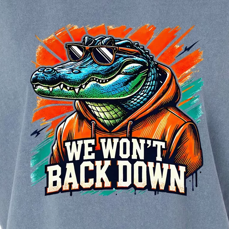 We WonT Back Down Blue And Orange Gator White Garment-Dyed Women's Muscle Tee