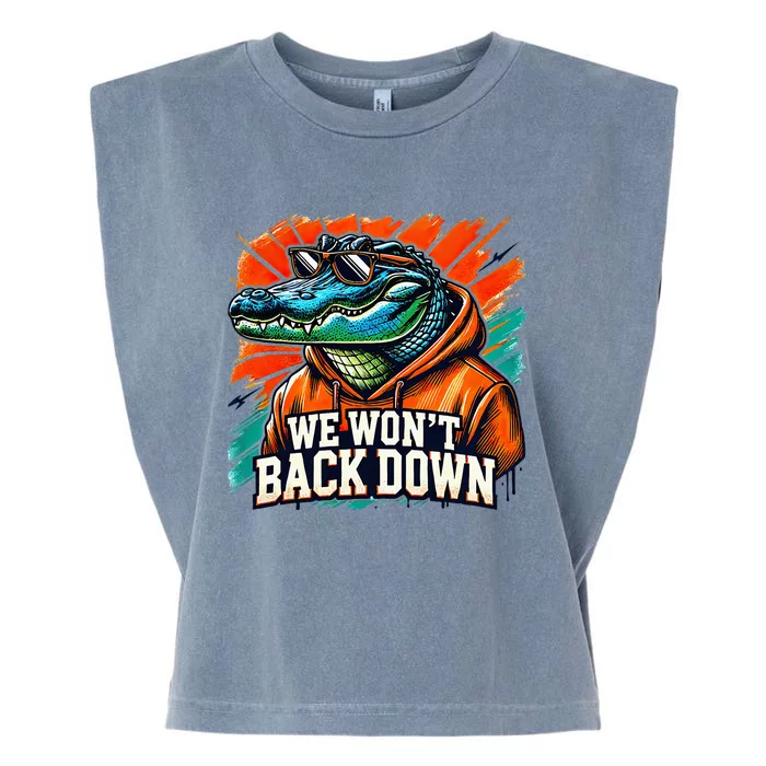 We WonT Back Down Blue And Orange Gator White Garment-Dyed Women's Muscle Tee