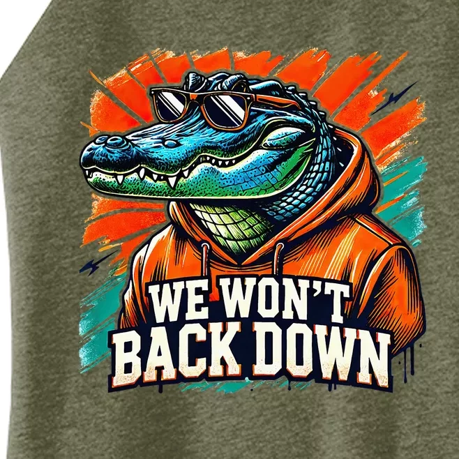 We WonT Back Down Blue And Orange Gator White Women’s Perfect Tri Rocker Tank