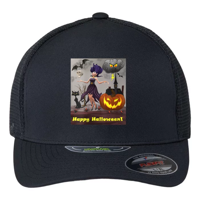 Witch With Black Cat Bats & Pumpkin Halloween Special Flexfit Unipanel Trucker Cap