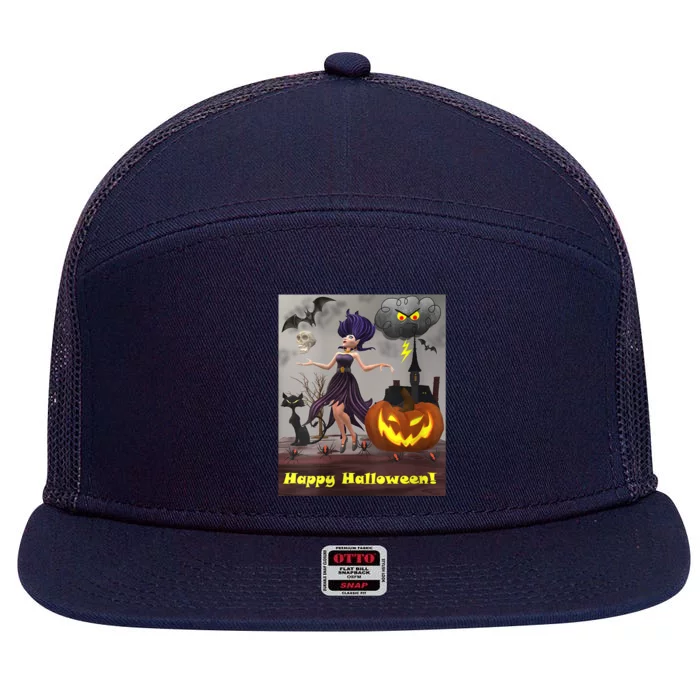 Witch With Black Cat Bats & Pumpkin Halloween Special 7 Panel Mesh Trucker Snapback Hat