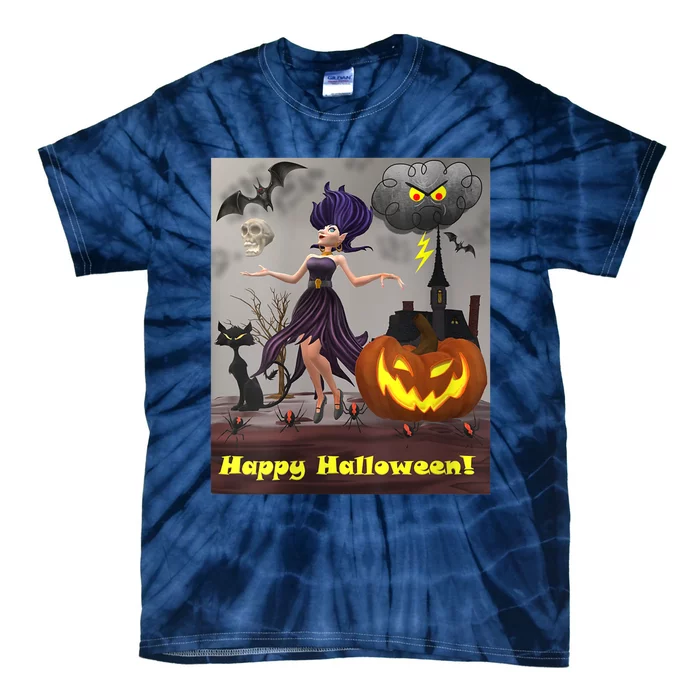 Witch With Black Cat Bats & Pumpkin Halloween Special Tie-Dye T-Shirt