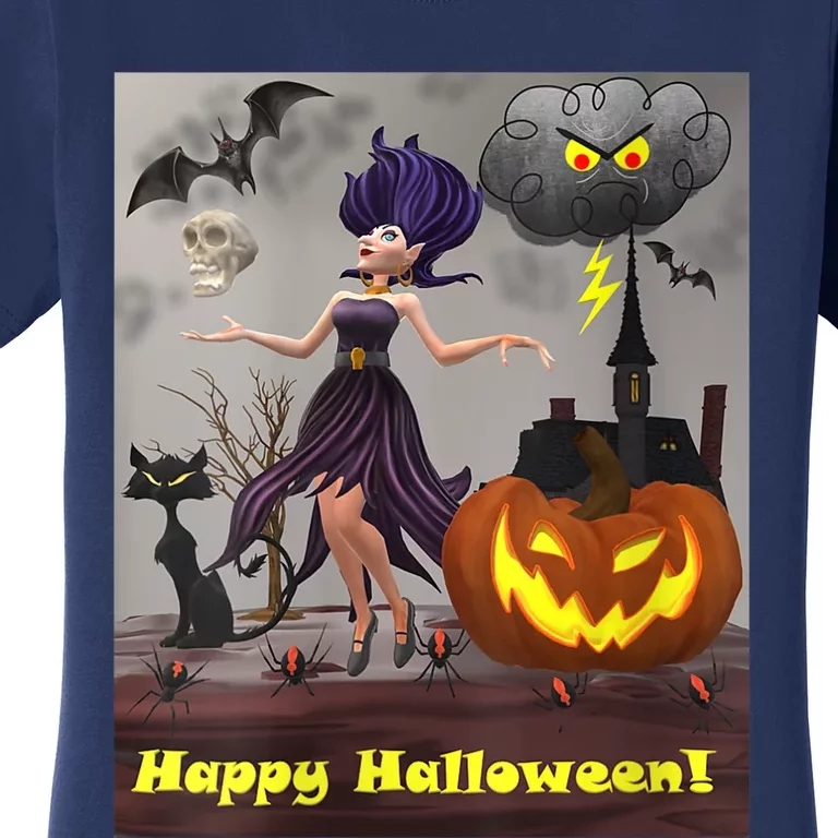 Witch With Black Cat Bats & Pumpkin Halloween Special Women's T-Shirt