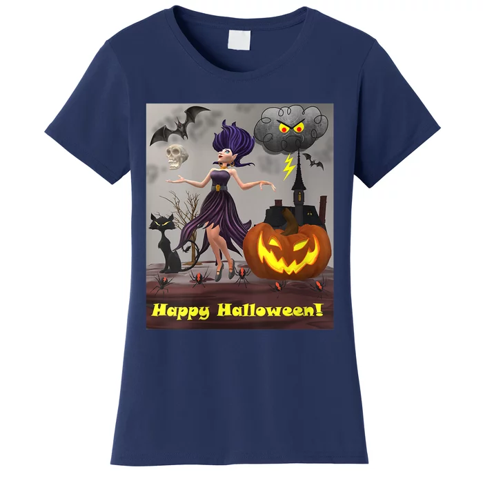 Witch With Black Cat Bats & Pumpkin Halloween Special Women's T-Shirt