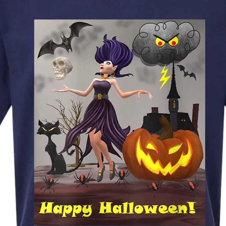 Witch With Black Cat Bats & Pumpkin Halloween Special Sueded Cloud Jersey T-Shirt