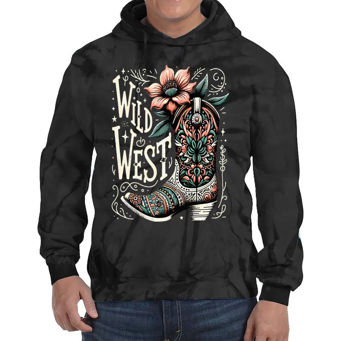 Wild West Country Music Vintage Cowgirl Boot Western Flower Tie Dye Hoodie