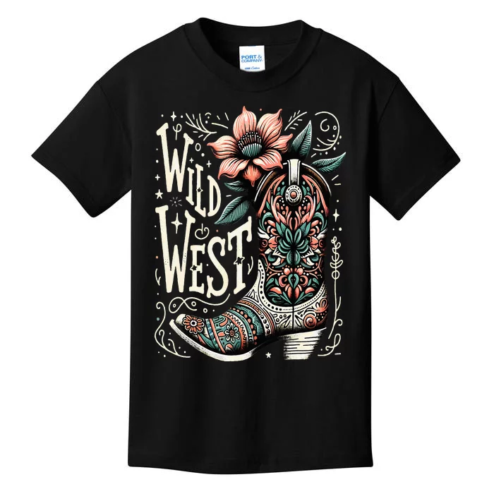 Wild West Country Music Vintage Cowgirl Boot Western Flower Kids T-Shirt