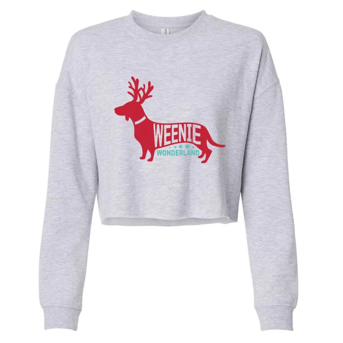 Weenie Wonderland Christmas Dog With Reindeer Antler Cropped Pullover Crew