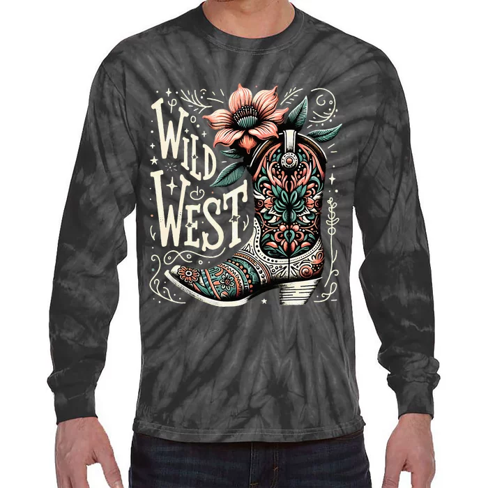 Wild West Country Music Vintage Cowgirl Boot Western Flower Tie-Dye Long Sleeve Shirt