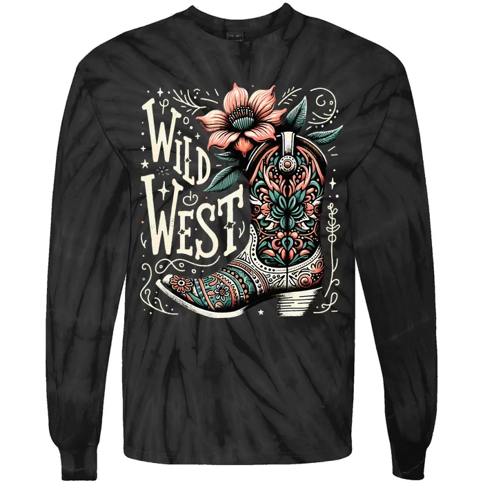 Wild West Country Music Vintage Cowgirl Boot Western Flower Tie-Dye Long Sleeve Shirt