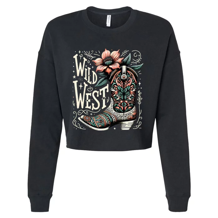 Wild West Country Music Vintage Cowgirl Boot Western Flower Cropped Pullover Crew