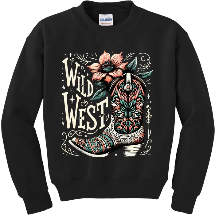 Wild West Country Music Vintage Cowgirl Boot Western Flower Kids Sweatshirt