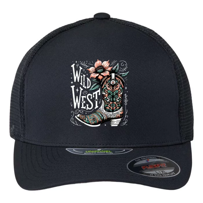 Wild West Country Music Vintage Cowgirl Boot Western Flower Flexfit Unipanel Trucker Cap