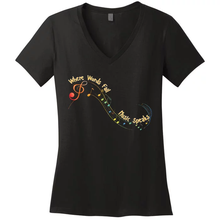 Where Words Fail Music Speaks Musician Band Retro Graphic Women's V-Neck T-Shirt