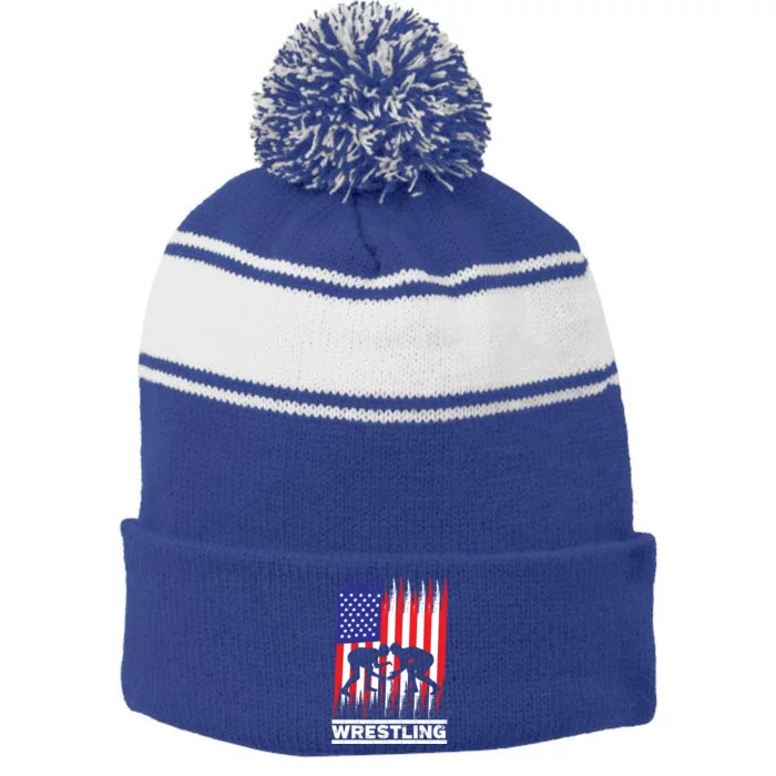 Wrestler Wrestling Fans American Flag Gift Stripe Pom Pom Beanie