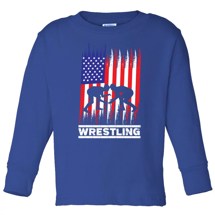 Wrestler Wrestling Fans American Flag Gift Toddler Long Sleeve Shirt