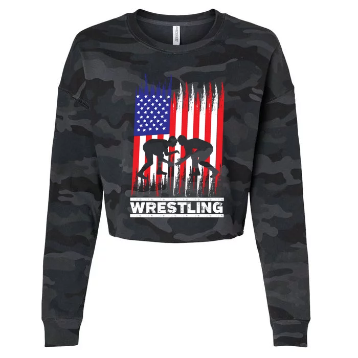 Wrestler Wrestling Fans American Flag Men Women Gift Cropped Pullover Crew