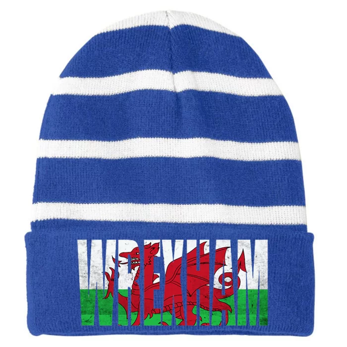 Wrexham Wales Flag Welsh Dragon Merch Souvenir Striped Beanie with Solid Band