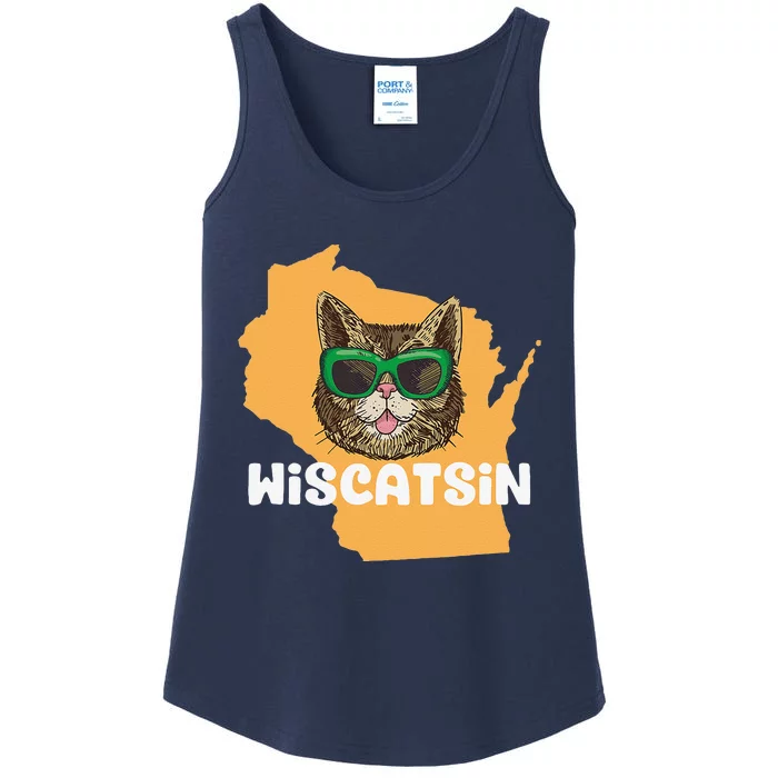 Wiscatsin (Wisconsin) Funny City State Cat Pun Ladies Essential Tank