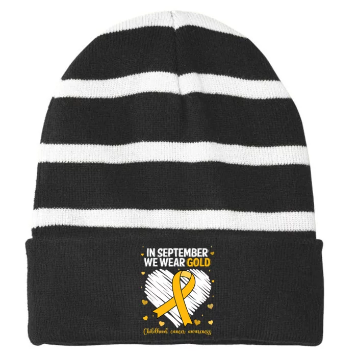 We Wear Gold Childhood Cancer Awareness Gold Ribbon Heart Striped Beanie with Solid Band