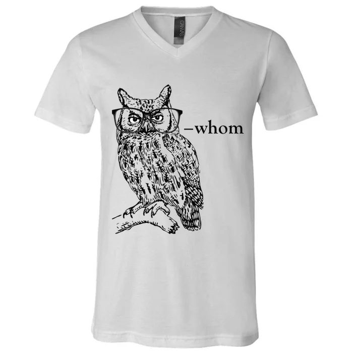 Who Whom Grammar Owl Funny V-Neck T-Shirt