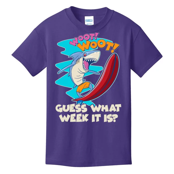 Woot Woot Guess What Week It Is Surfing Shark Kids T-Shirt