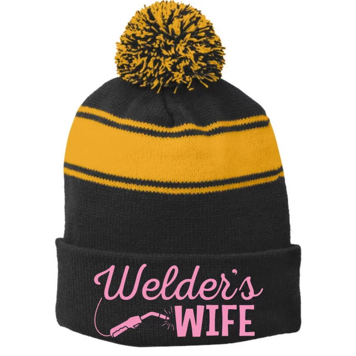 Welder's Wife Hand Metal Worker Welding Blacksmithing Stripe Pom Pom Beanie