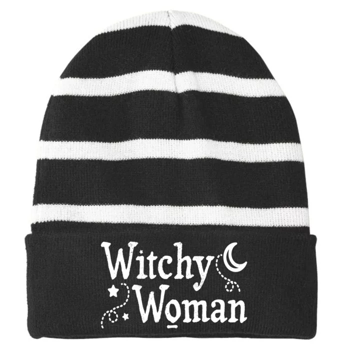 Witchy Woman Halloween Wiccan Follower Pagan Ritual Striped Beanie with Solid Band