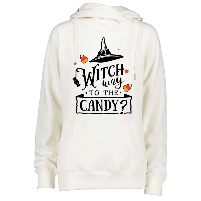 Witch Way Is The Candy Funny Halloween Womens Funnel Neck Pullover Hood