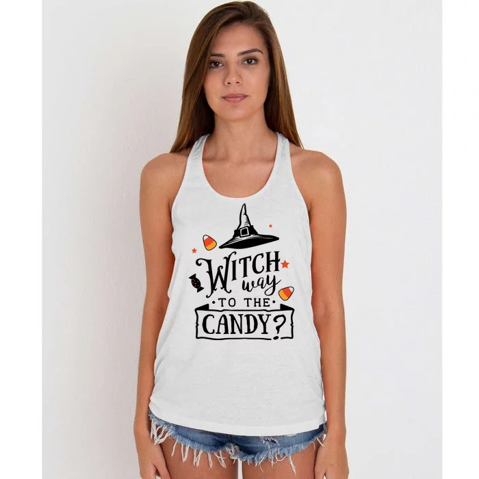 Witch Way Is The Candy Funny Halloween Women's Knotted Racerback Tank