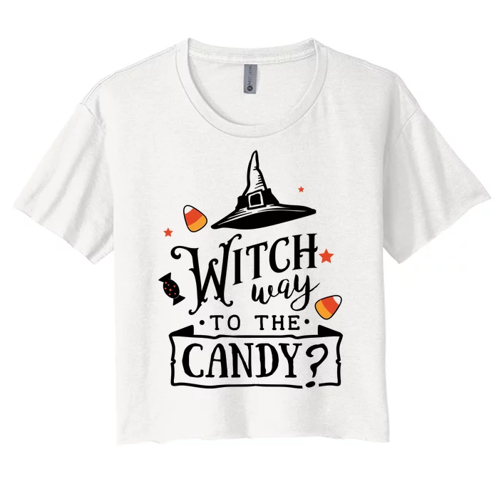 Witch Way Is The Candy Funny Halloween Women's Crop Top Tee