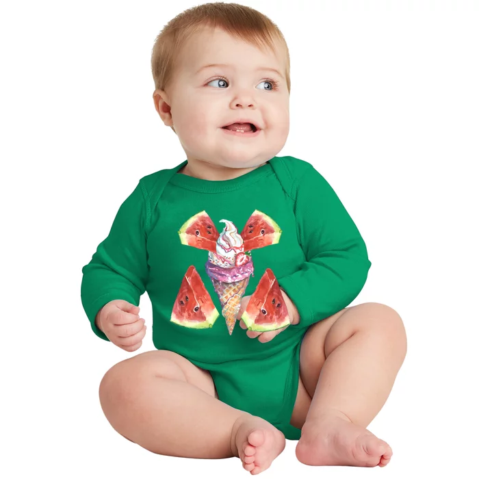 Watermelon With Ice Cream Art Baby Long Sleeve Bodysuit