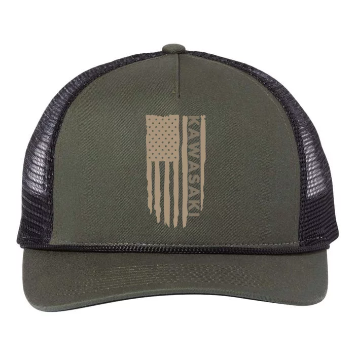 Wandering Wheels Kawasaki American Flag Retro Rope Trucker Hat Cap